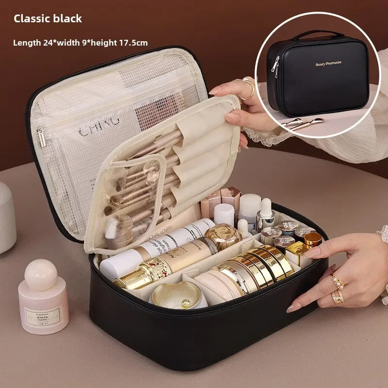 Trousse de Maquillage Luxe en Similicuir – Grande Capacité avec Compartiment Pinceaux Détachable
