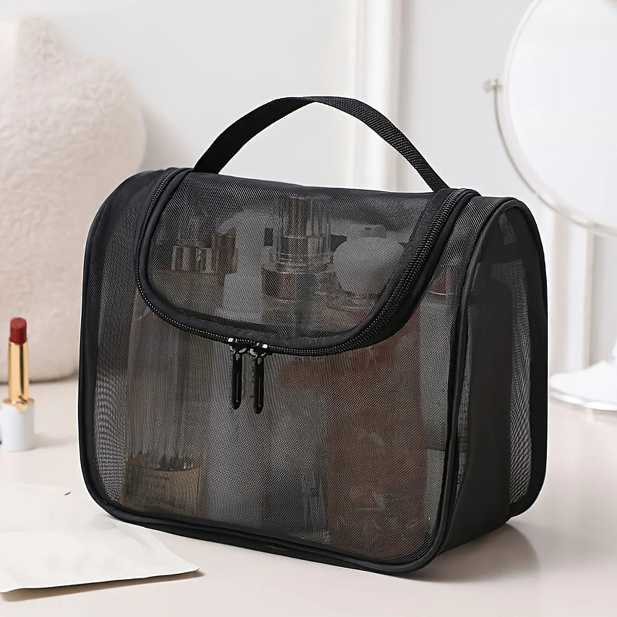 Trousse de Toilette en Nylon Maille – Grande Capacité et Design Transparent Courbé