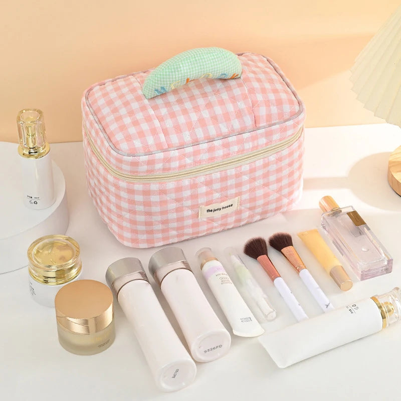 Sac de maquillage en coton à carreaux – Style coréen pratique