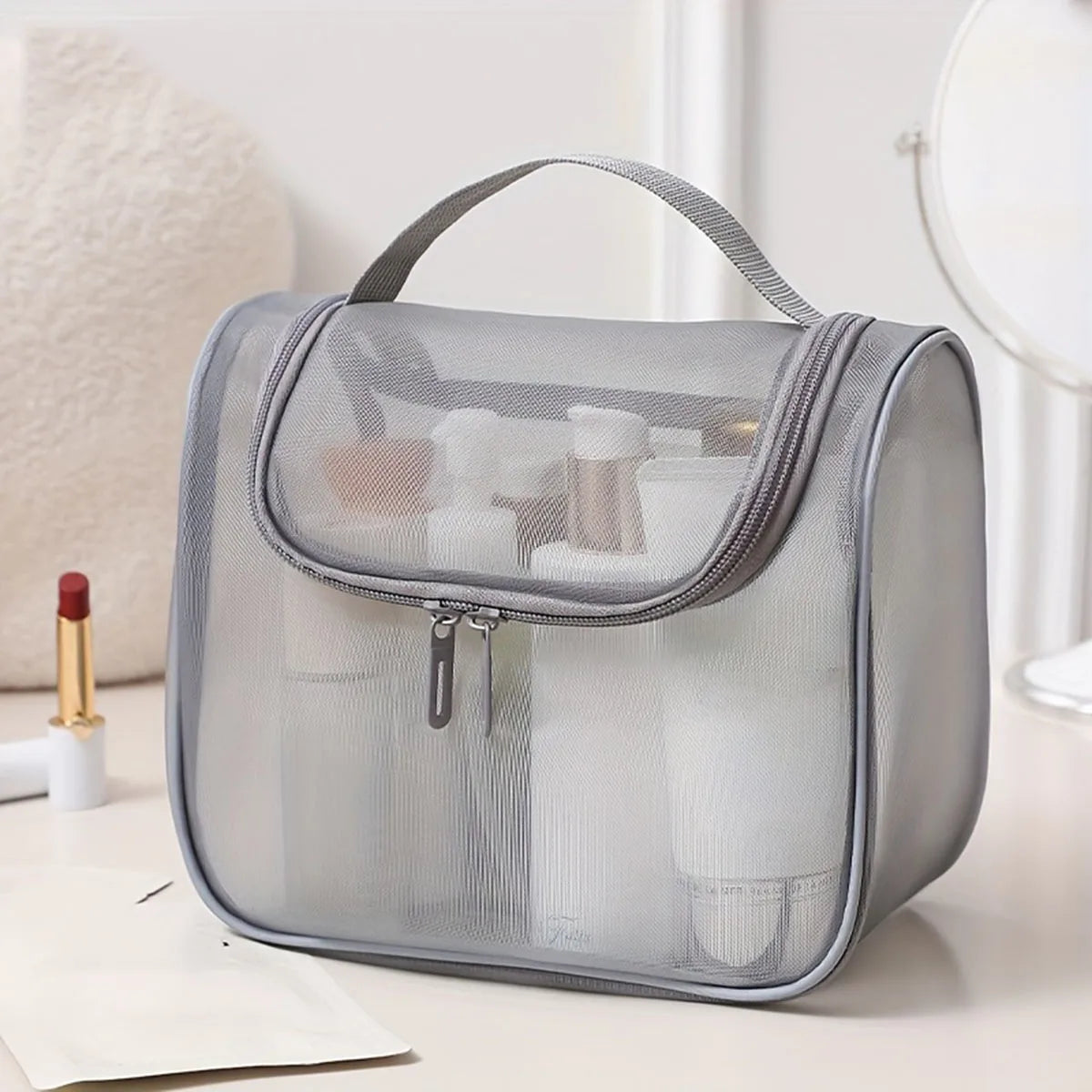 Trousse de Toilette en Nylon Maille – Grande Capacité et Design Transparent Courbé