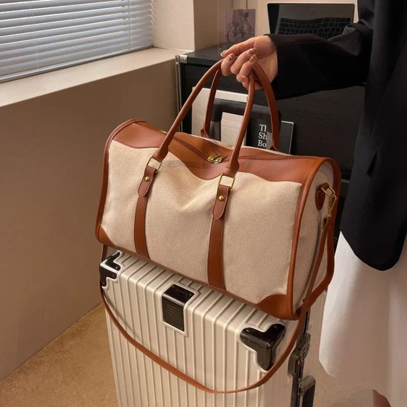 Sac de Voyage Femme Vintage en Toile et Cuir PU