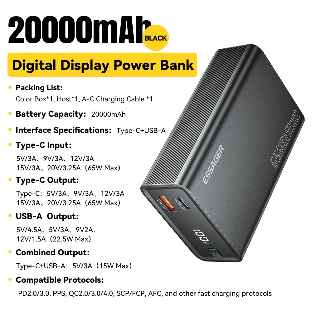 Batterie Externe Essager 20000mAh 65W – Charge Rapide PD & QC