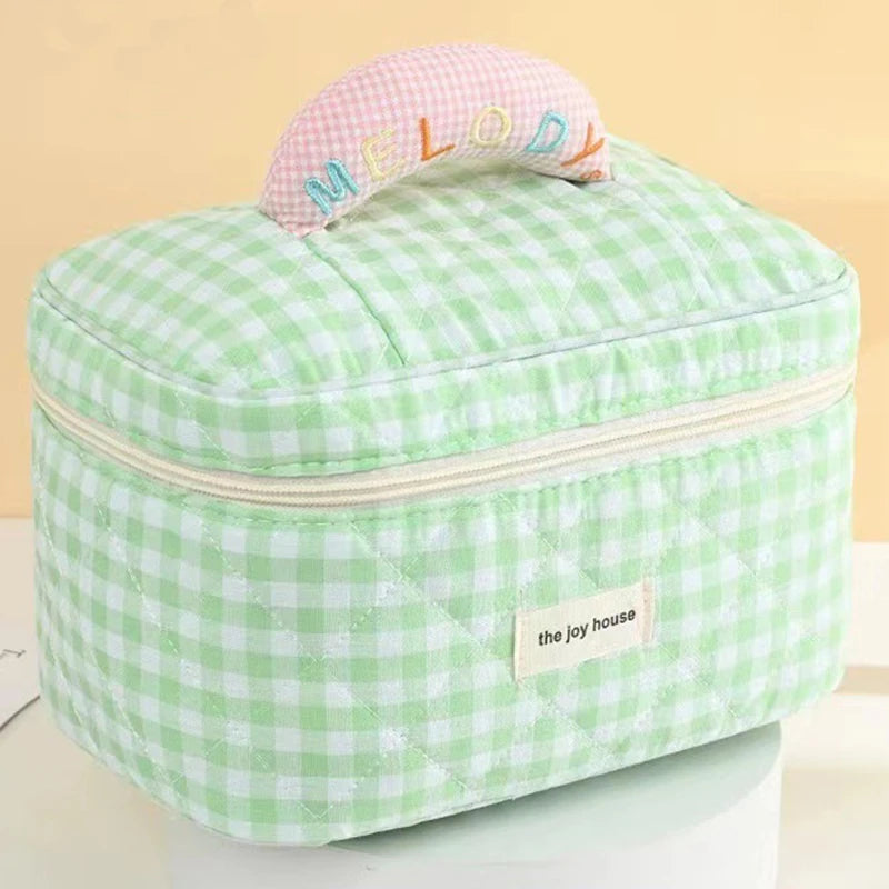 Sac de maquillage en coton à carreaux – Style coréen pratique