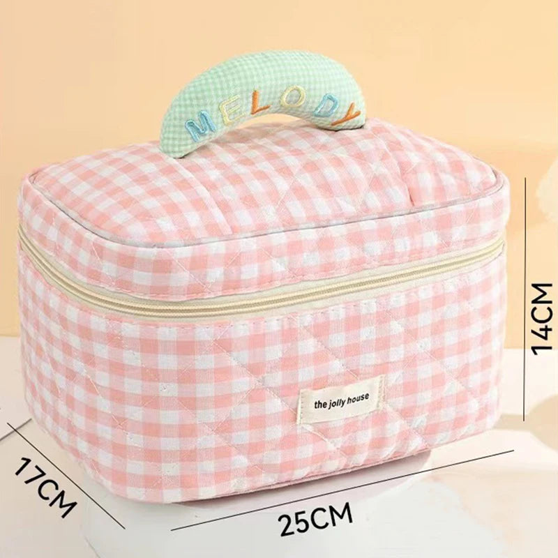 Sac de maquillage en coton à carreaux – Style coréen pratique