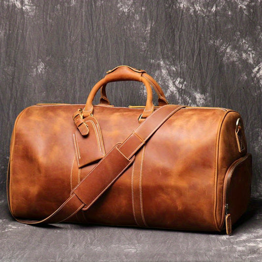 Sac de voyage, grande capacité, cuir, allure vintage, vue d'ensemble