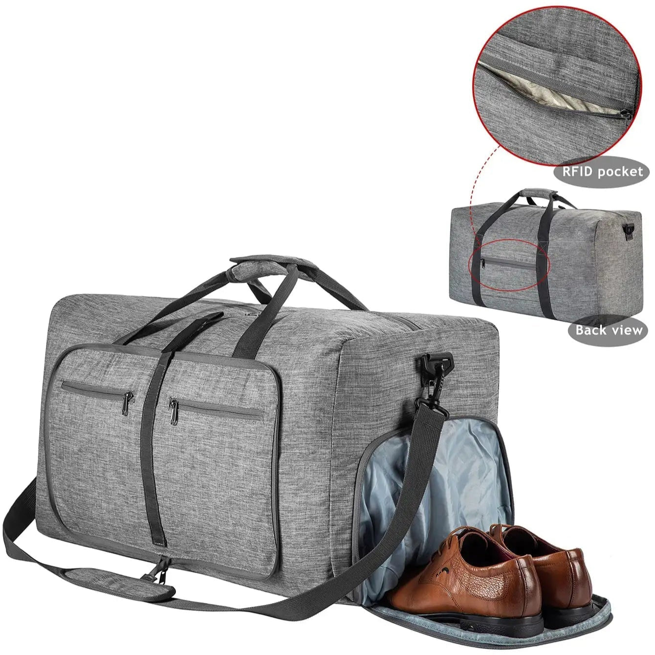 Sac de voyage pliable 65L en polyester avec compartiment chaussures