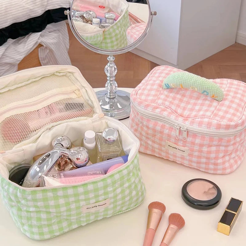 Sac de maquillage en coton à carreaux – Style coréen pratique