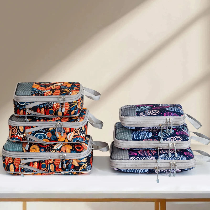 Set de 4 cubes de rangement compressibles imprimés en polyester pour valise