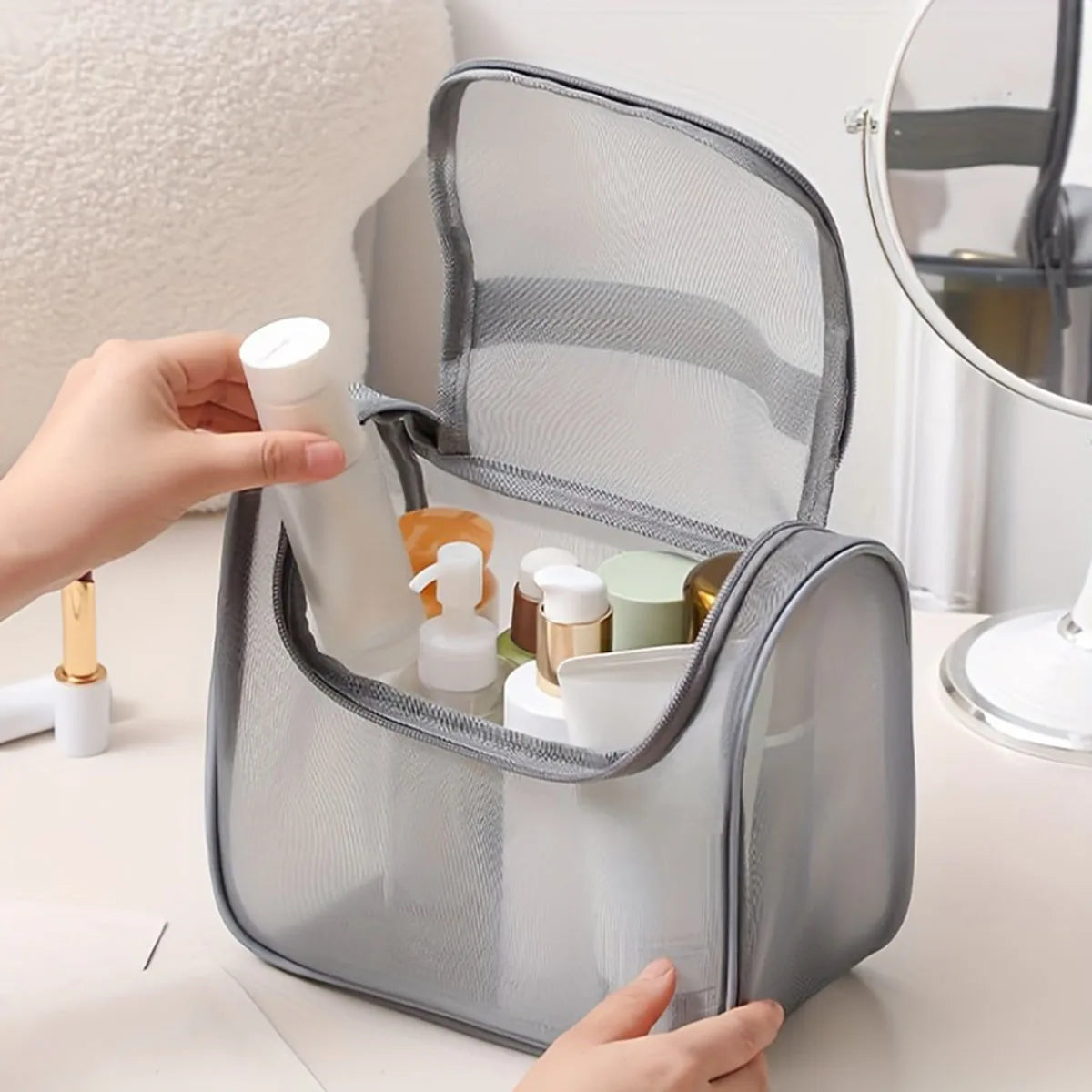 Trousse de Toilette en Nylon Maille – Grande Capacité et Design Transparent Courbé