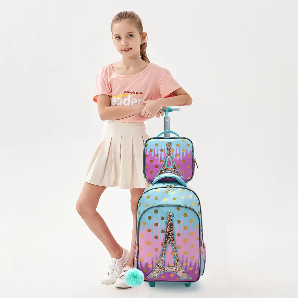 Sac à dos à roulettes fille tour Eiffel set 3 pièces