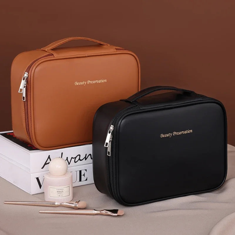 Trousse de Maquillage Luxe en Similicuir – Grande Capacité avec Compartiment Pinceaux Détachable
