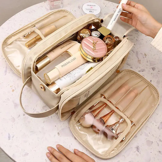 Trousse de Maquillage Multifonction en Similicuir – Grande Capacité 3 Couches avec Double Fermeture
