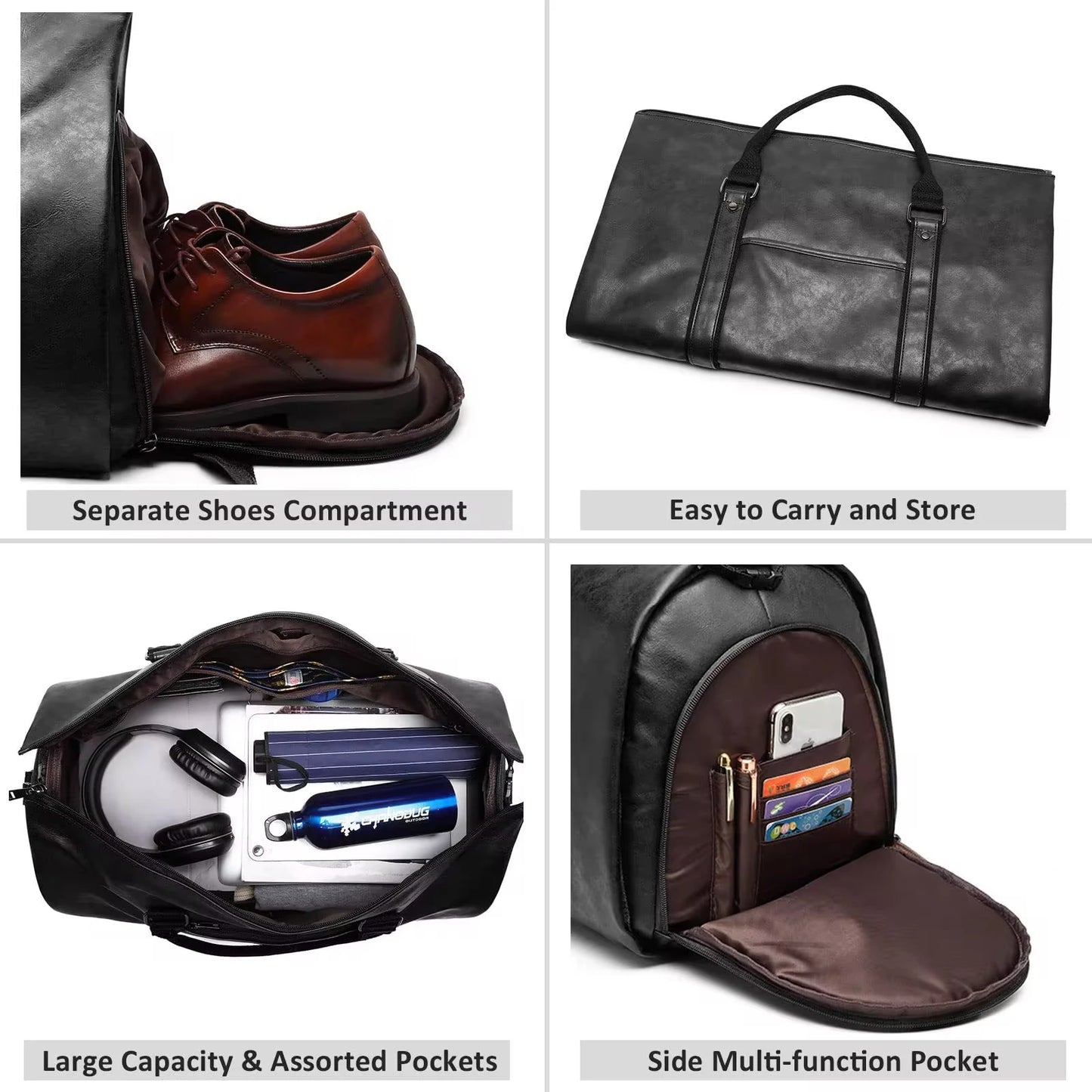 Sac de voyage pliable en cuir PU avec rangement costume
