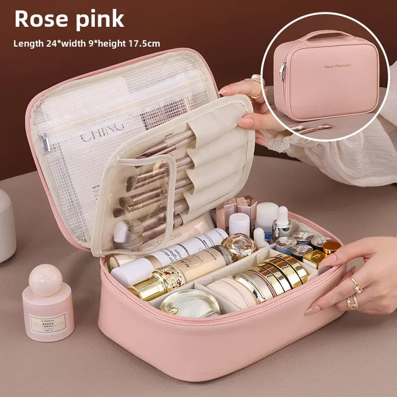 Trousse de Maquillage Luxe en Similicuir – Grande Capacité avec Compartiment Pinceaux Détachable