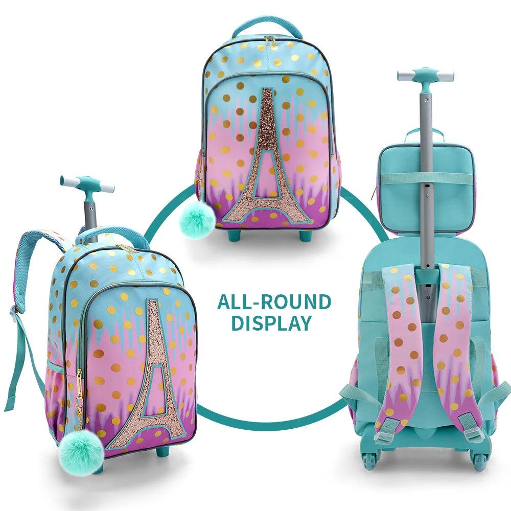 Sac à dos à roulettes fille tour Eiffel set 3 pièces