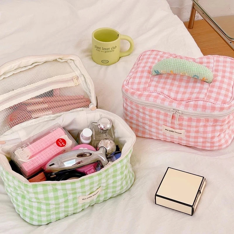 Sac de maquillage en coton à carreaux – Style coréen pratique