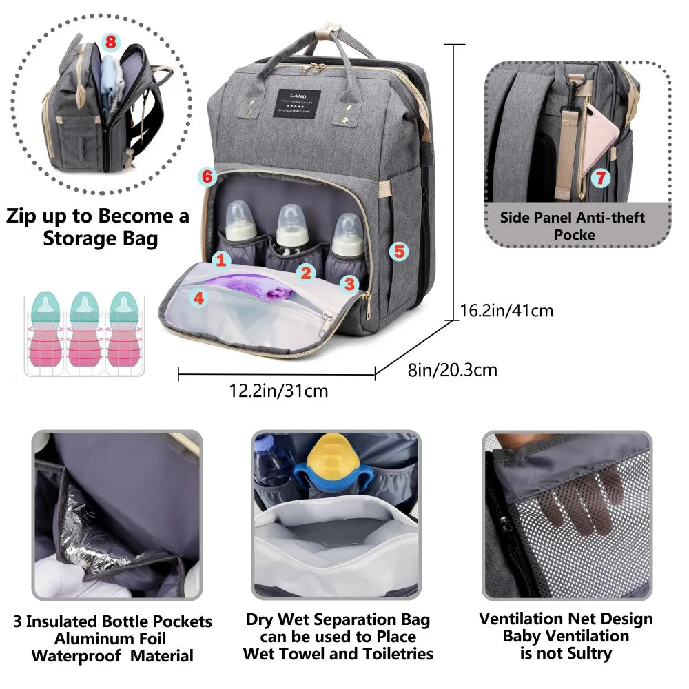 Sac à Dos Maman 3-en-1 avec Lit Bébé Pliable & Grande Capacité