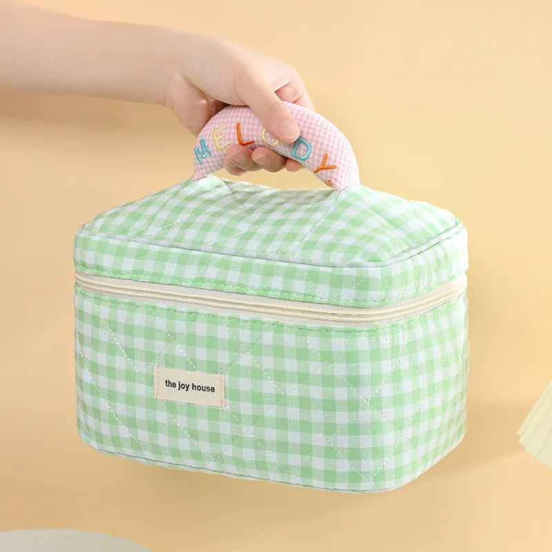 Sac de maquillage en coton à carreaux – Style coréen pratique