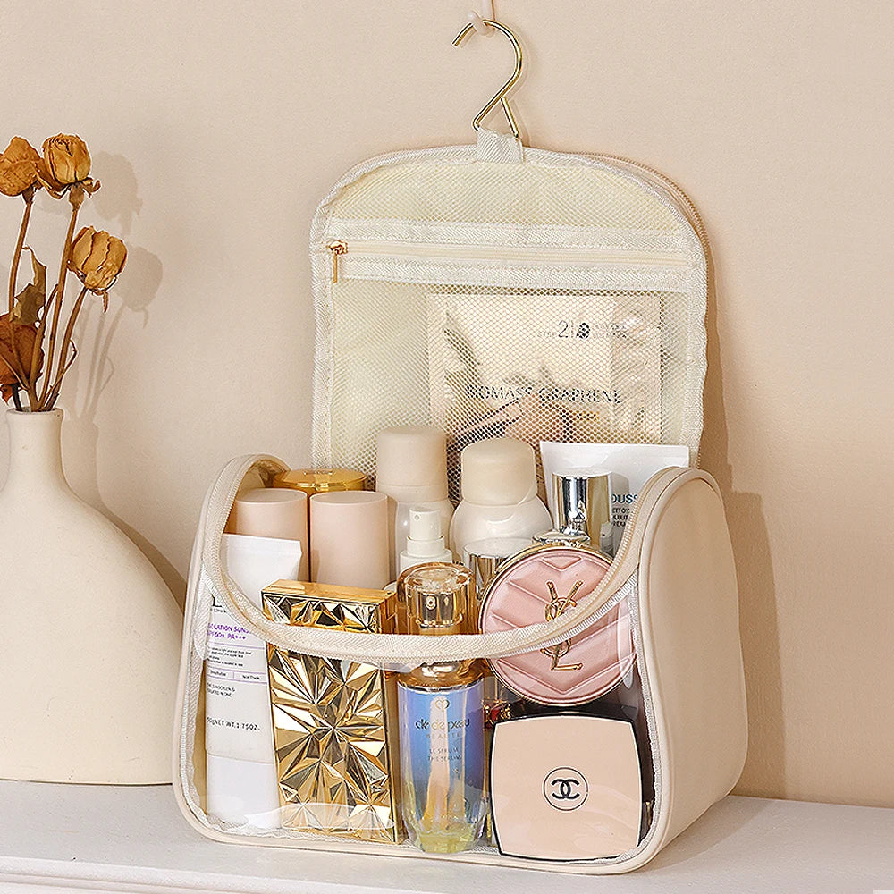 Trousse de Toilette Suspendue Transparente en PVC – Grande Capacité avec Crochet Métallique