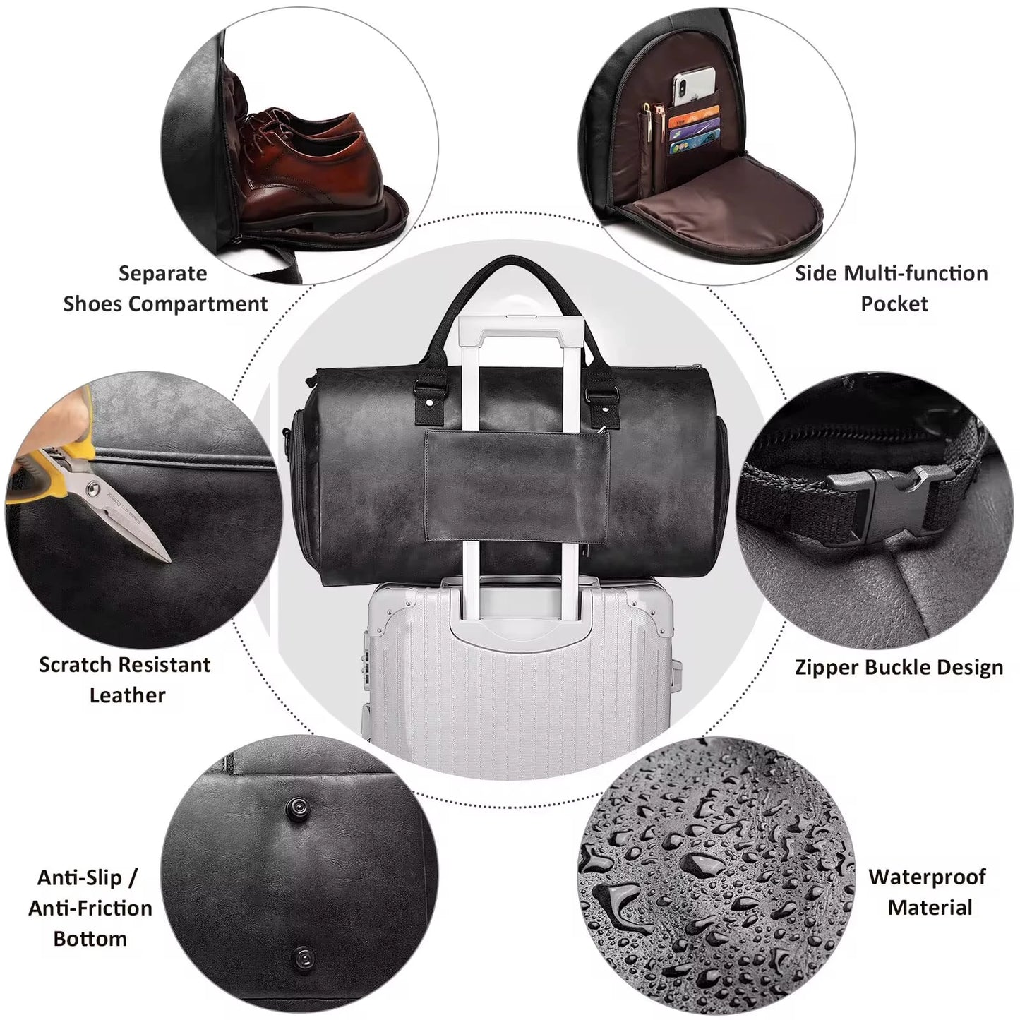 Sac de voyage pliable en cuir PU avec rangement costume