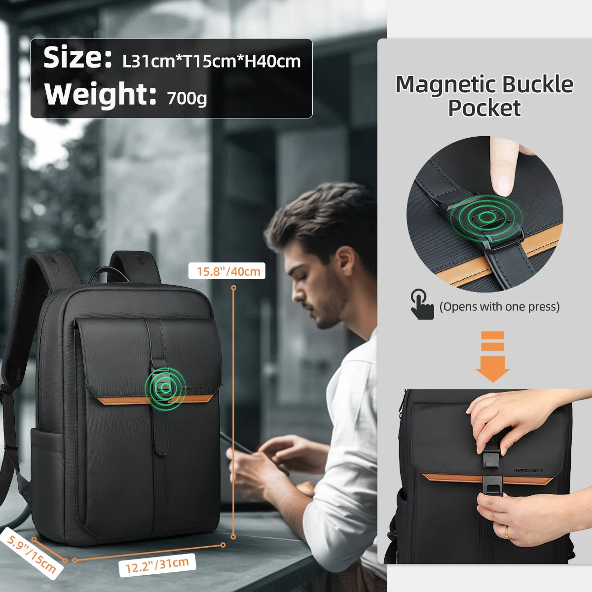 Sac à Dos Business HK avec Rabat Élégant – 15.6" Étanche et Multifonction