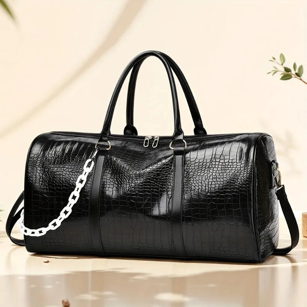 Sac de voyage rétro effet crocodile avec bandoulière ajustable, coloris brun