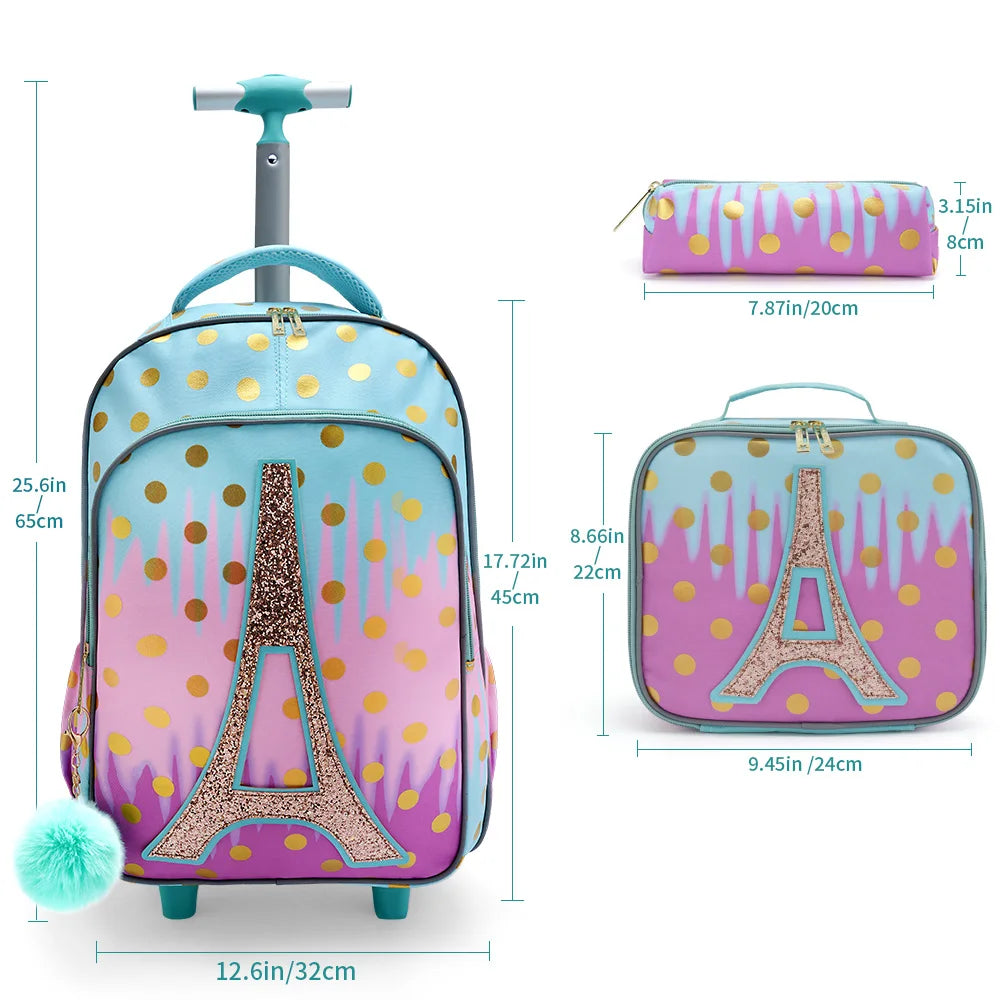 Sac à dos à roulettes fille tour Eiffel set 3 pièces