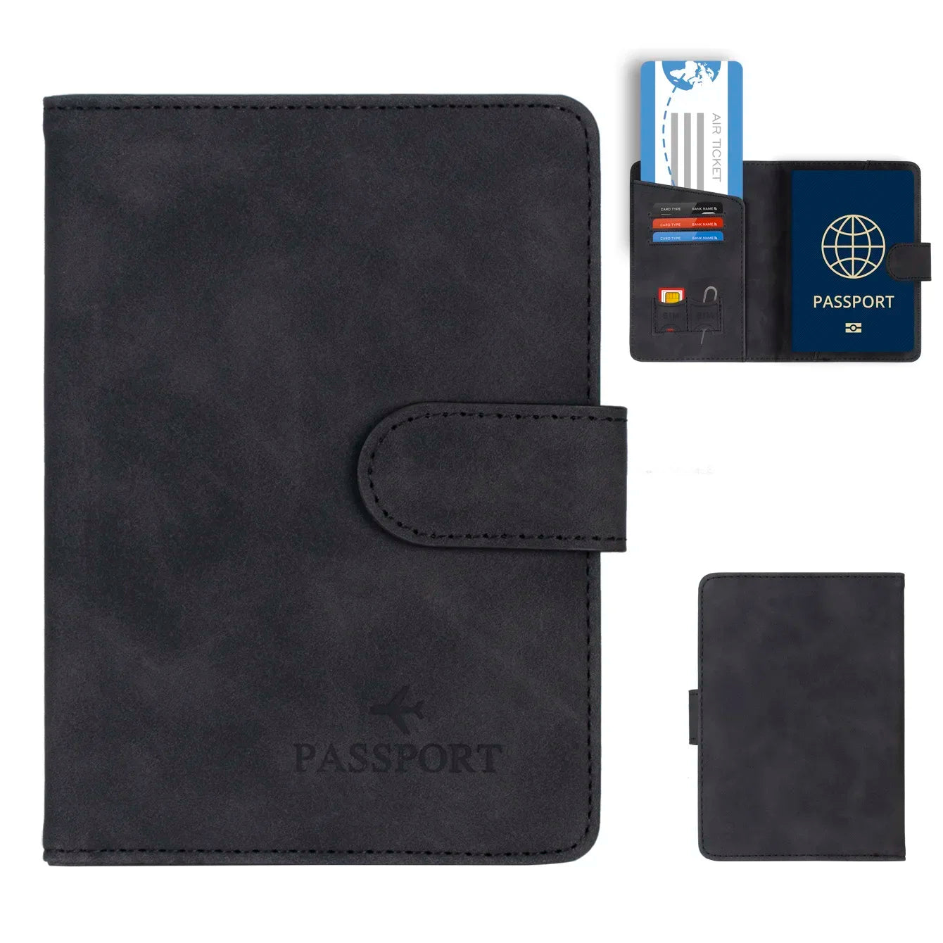 Porte-passeport PU avec fermeture et bloquage RFID