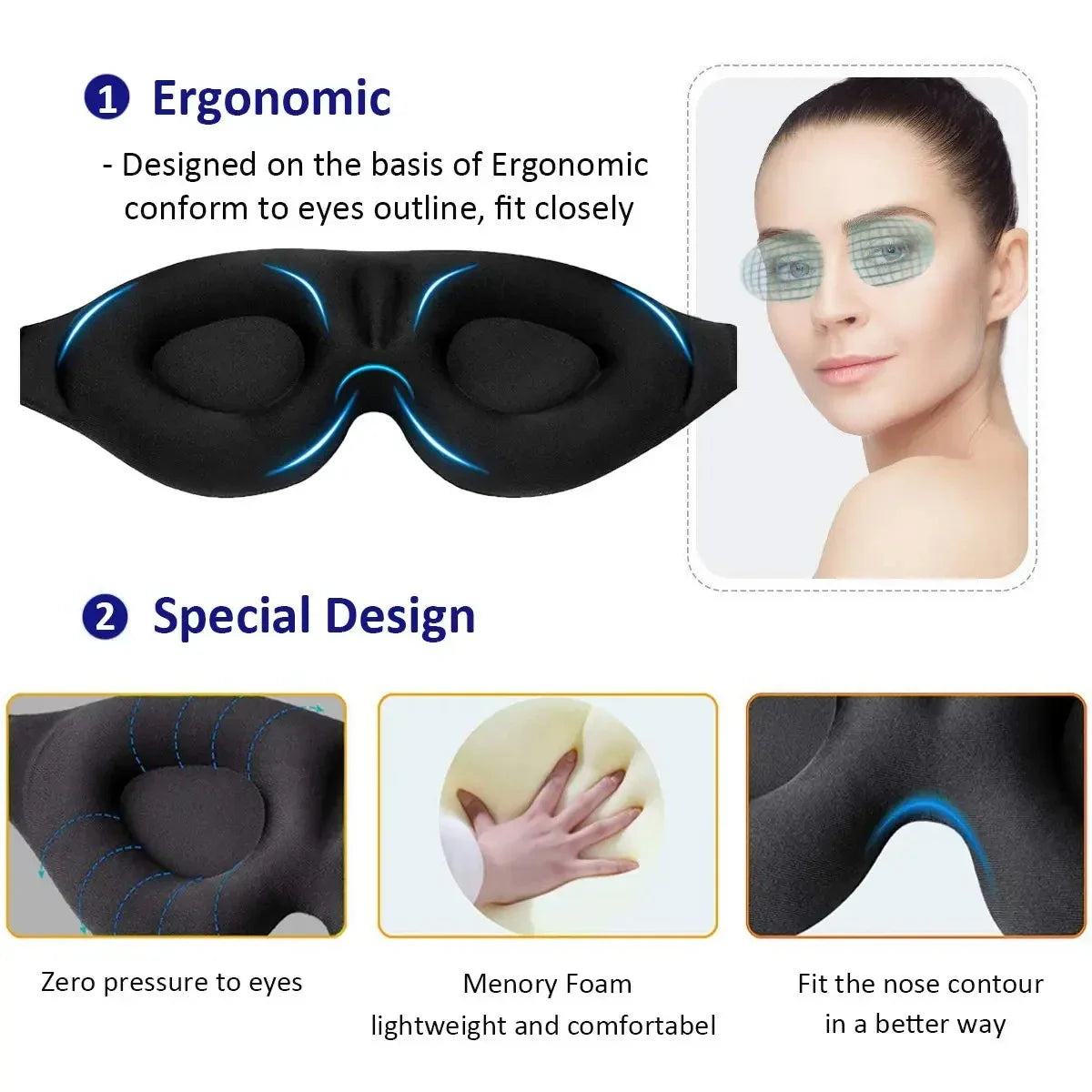 Masque de sommeil 3D ergonomique avec coussinets contourés