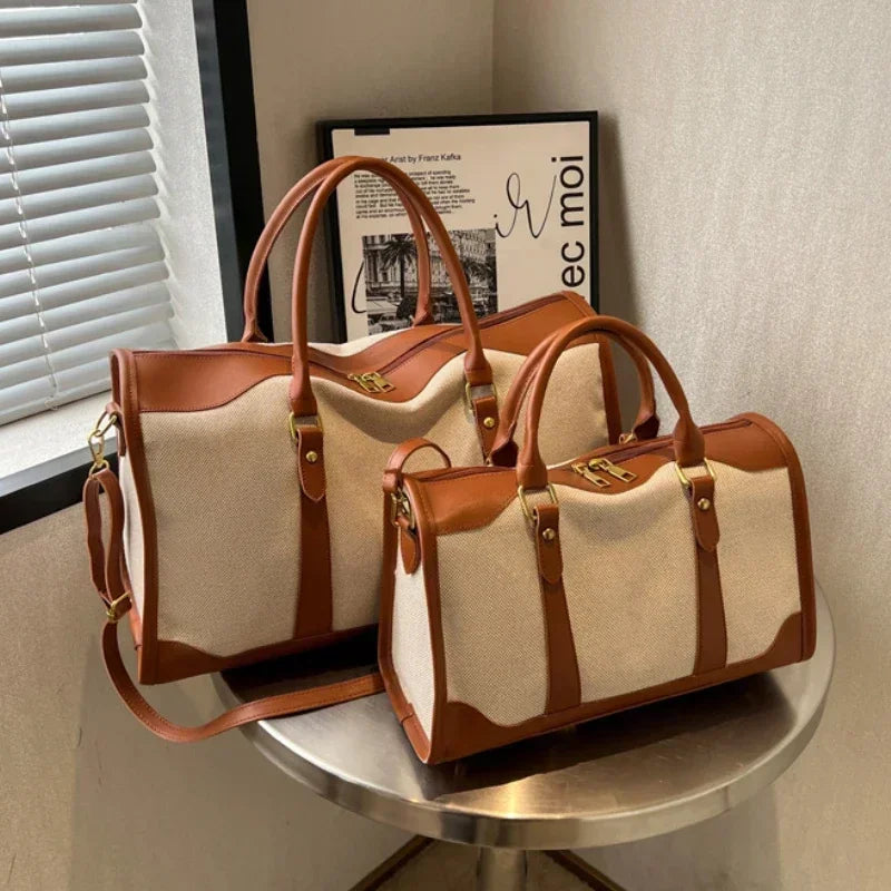 Sac de Voyage Femme Vintage en Toile et Cuir PU
