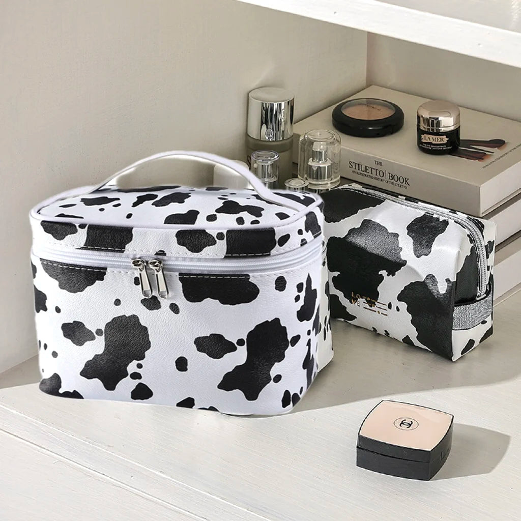 Trousse de Maquillage Imperméable Motif Vache – Organisateur de Voyage avec Poignée