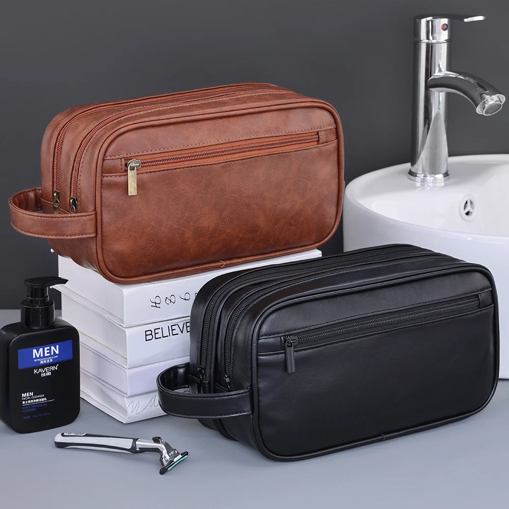 Trousse de toilette homme double compartiment en cuir PU