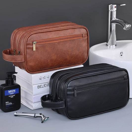 Trousse de toilette homme double compartiment en cuir PU
