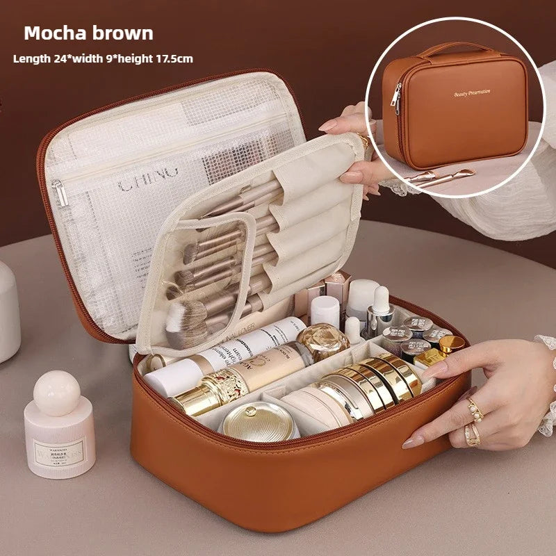 Trousse de Maquillage Luxe en Similicuir – Grande Capacité avec Compartiment Pinceaux Détachable
