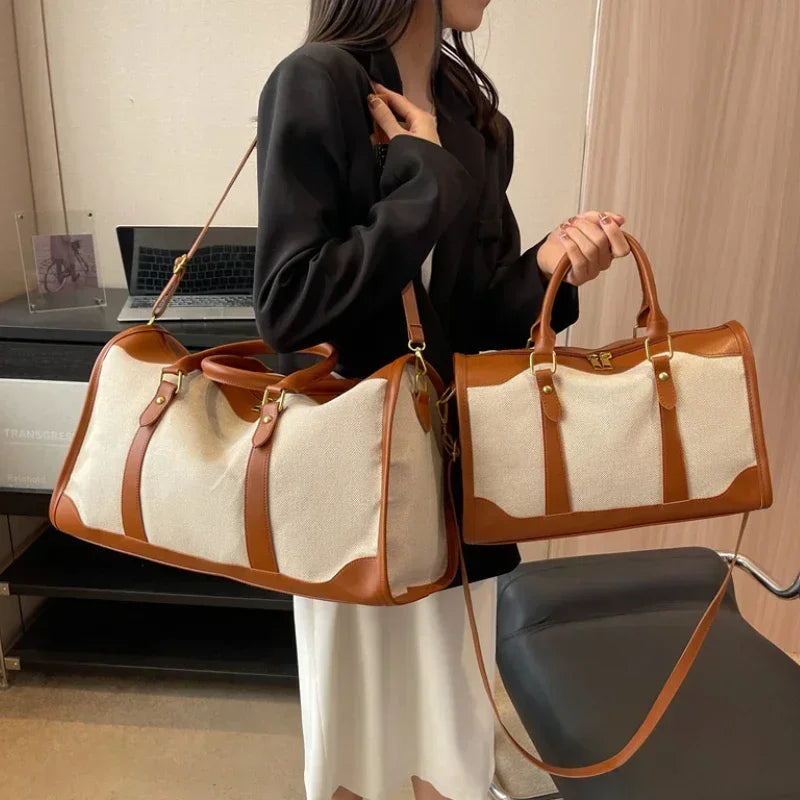 Sac de Voyage Femme Vintage en Toile et Cuir PU