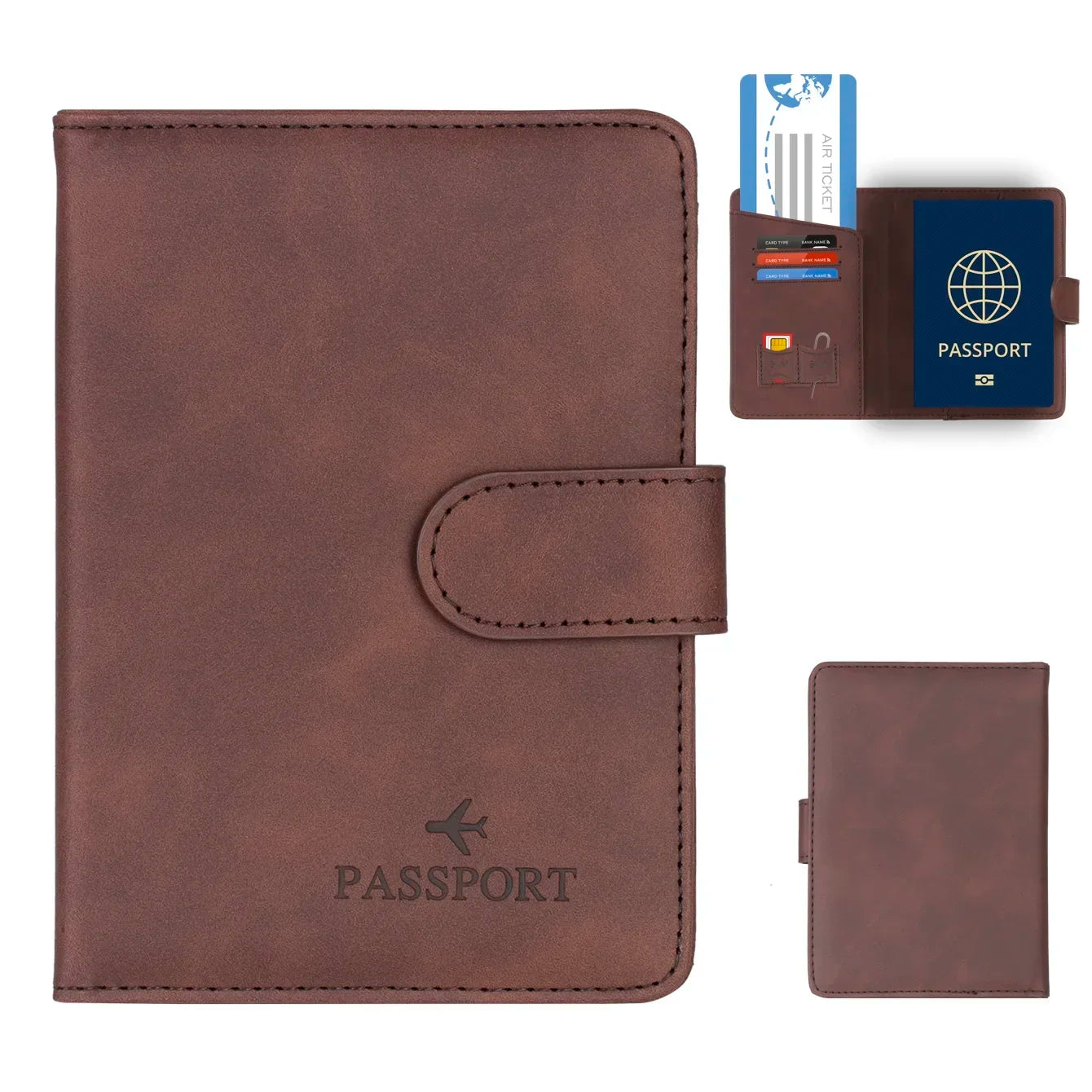 Porte-passeport PU avec fermeture et bloquage RFID