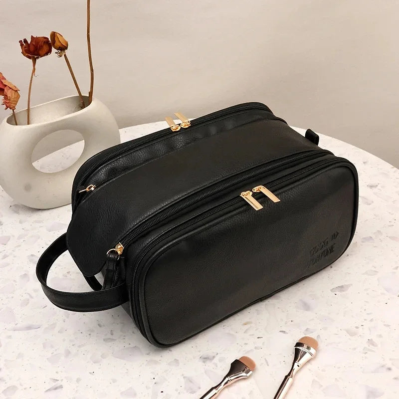 Trousse de Maquillage Multifonction en Similicuir – Grande Capacité 3 Couches avec Double Fermeture