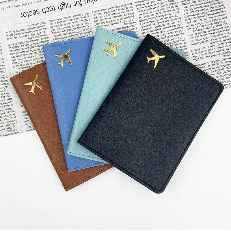 Porte-Passeport en Cuir PU avec Avion Doré