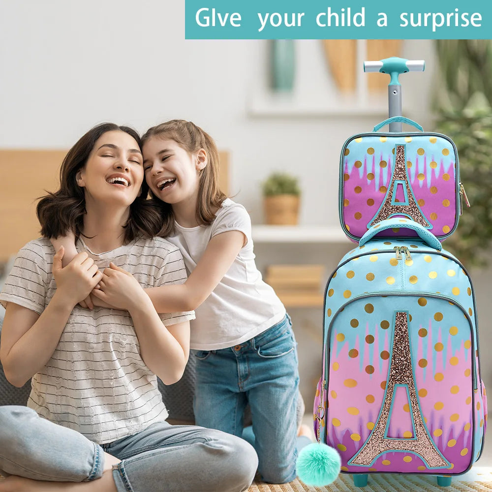 Sac à dos à roulettes fille tour Eiffel set 3 pièces