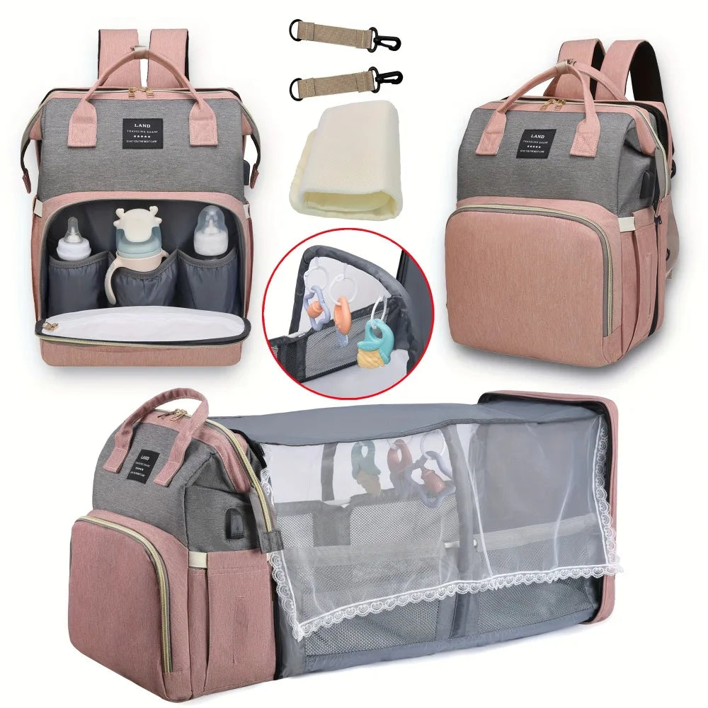 Sac à Dos Maman 3-en-1 avec Lit Bébé Pliable & Grande Capacité
