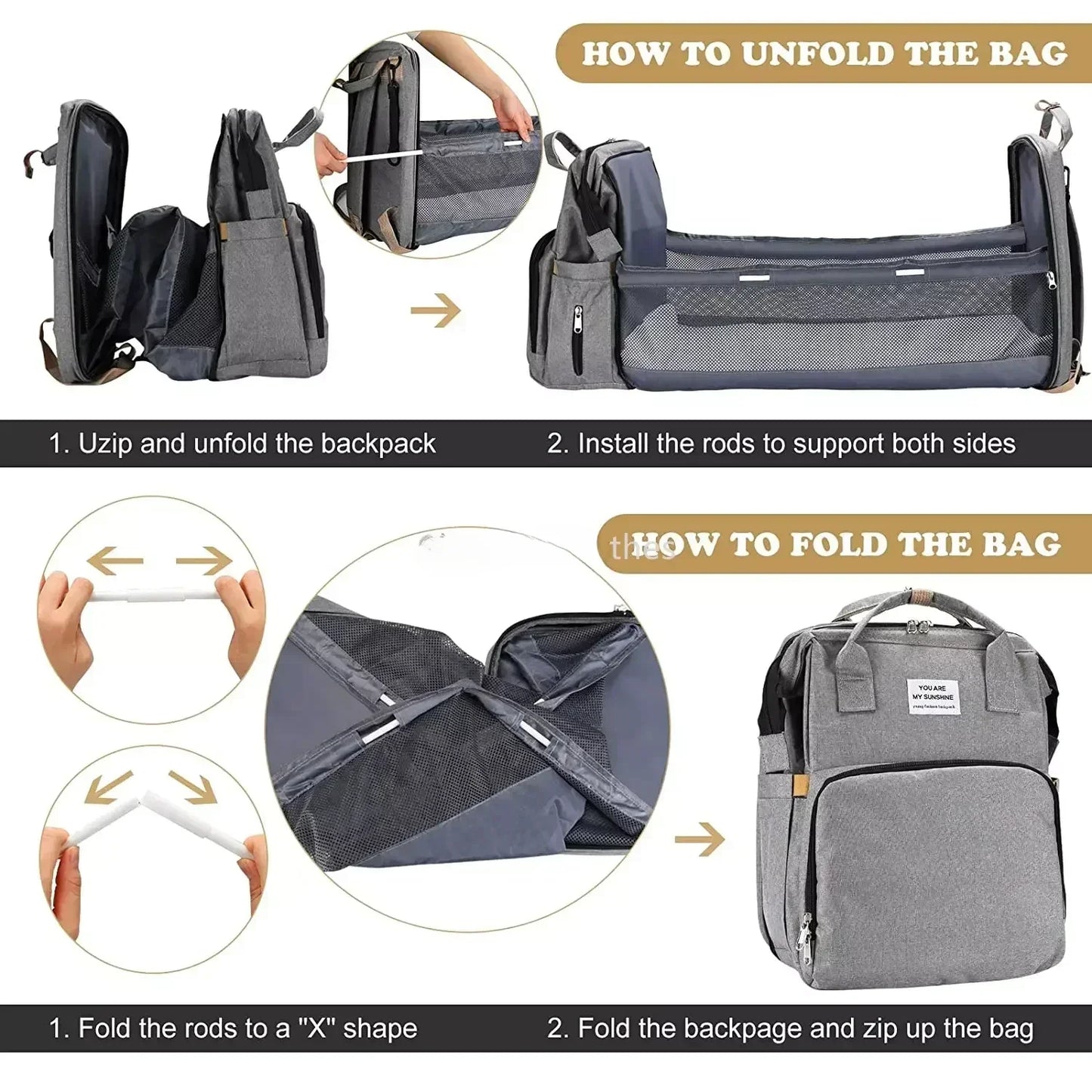 Sac à dos à langer pliable avec lit bébé intégré et poches isothermes – Grande capacité