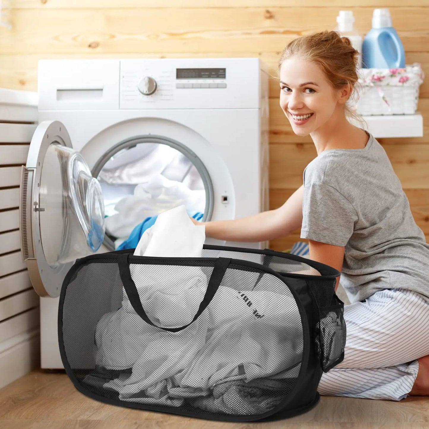 Panier à Linge Pliable en Maille avec Poignées – Grand Format 76L