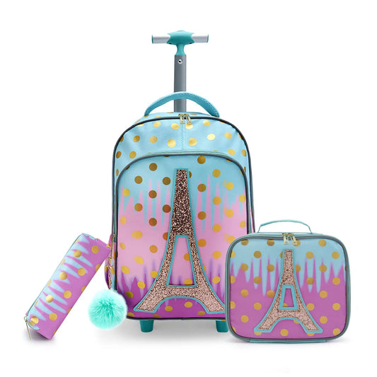Sac à dos à roulettes fille tour Eiffel set 3 pièces