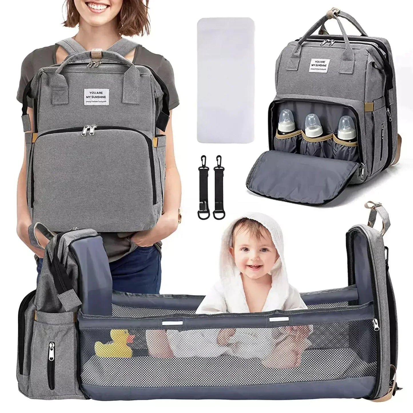 Sac à dos à langer pliable avec lit bébé intégré et poches isothermes – Grande capacité