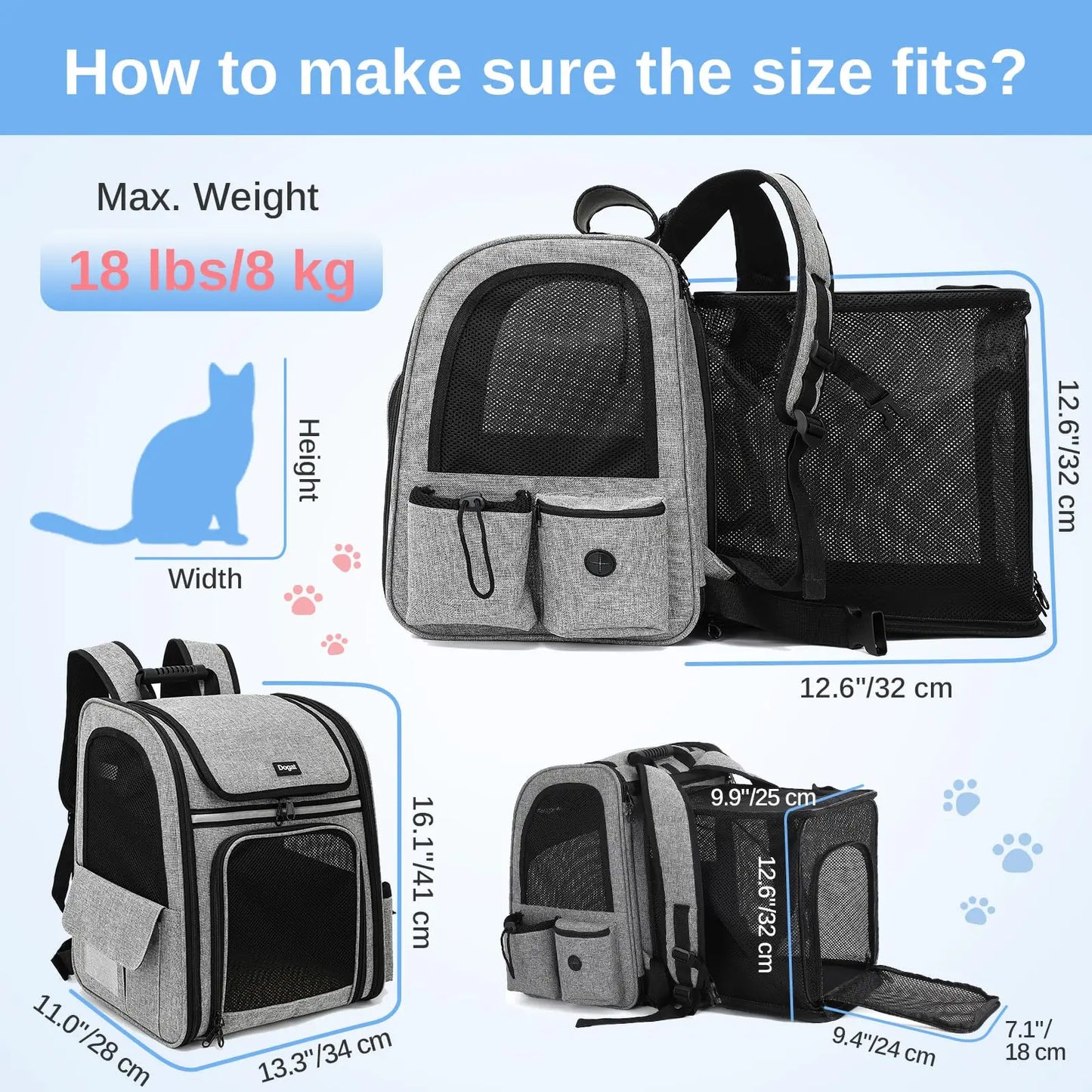 Sac à dos de transport pour animaux en Oxford pliable et extensible