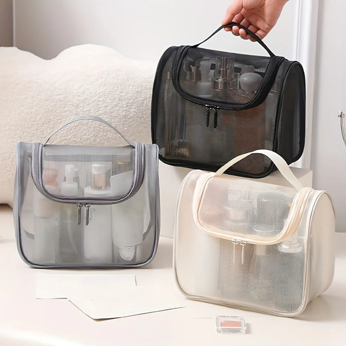 Trousse de Toilette en Nylon Maille – Grande Capacité et Design Transparent Courbé