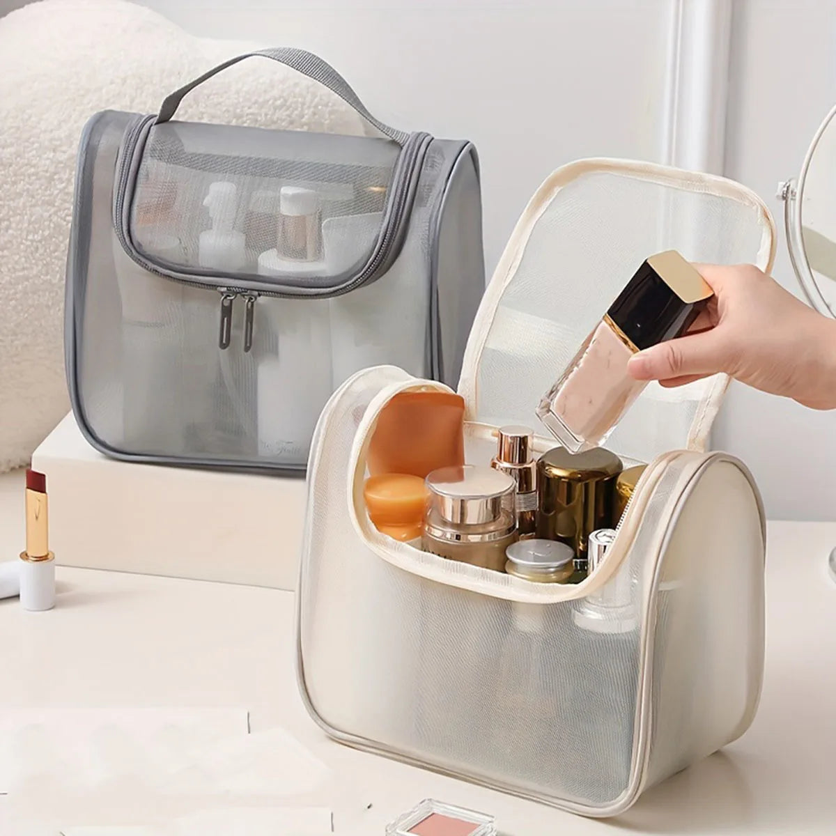 Trousse de Toilette en Nylon Maille – Grande Capacité et Design Transparent Courbé