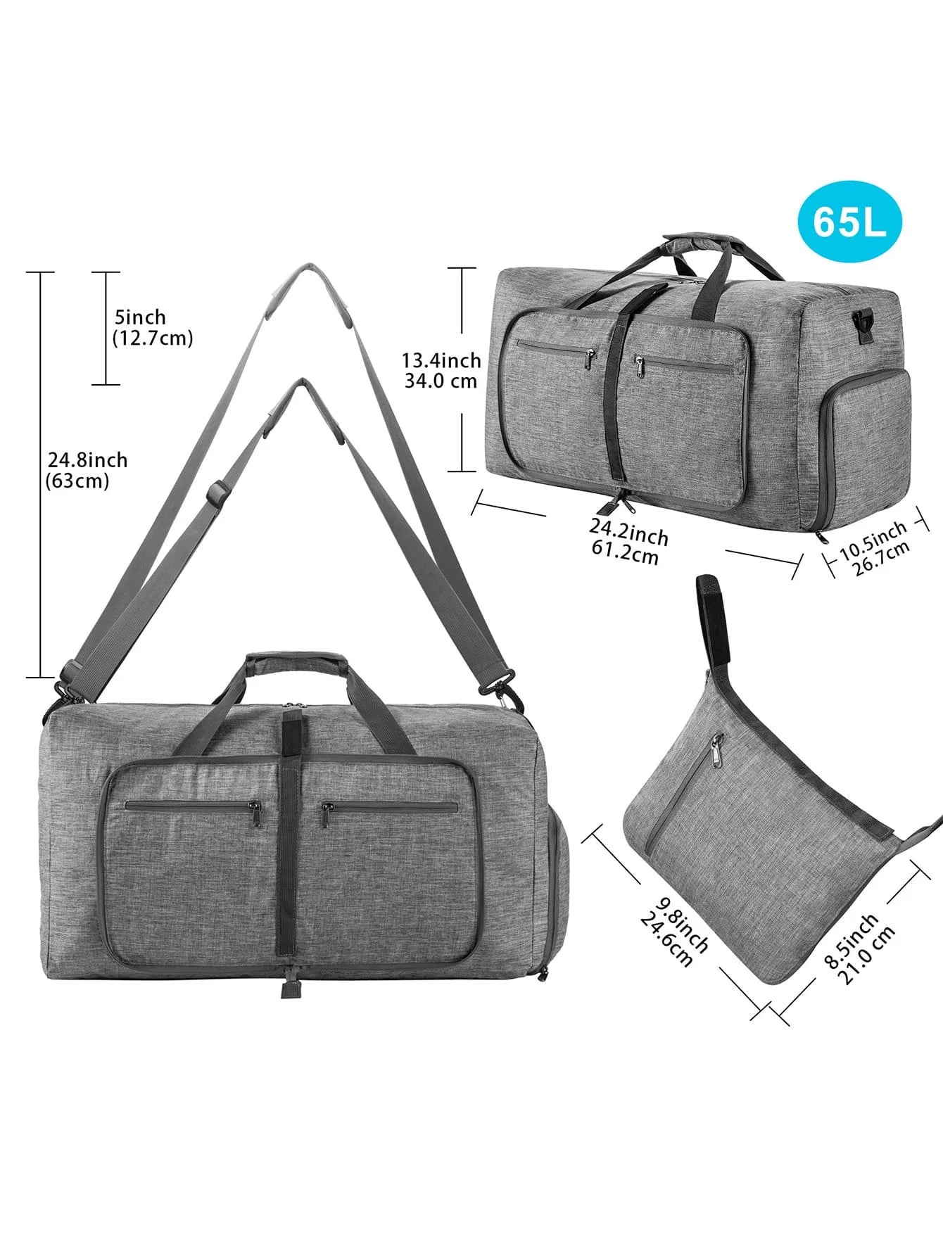 Sac de voyage pliable 65L en polyester avec compartiment chaussures