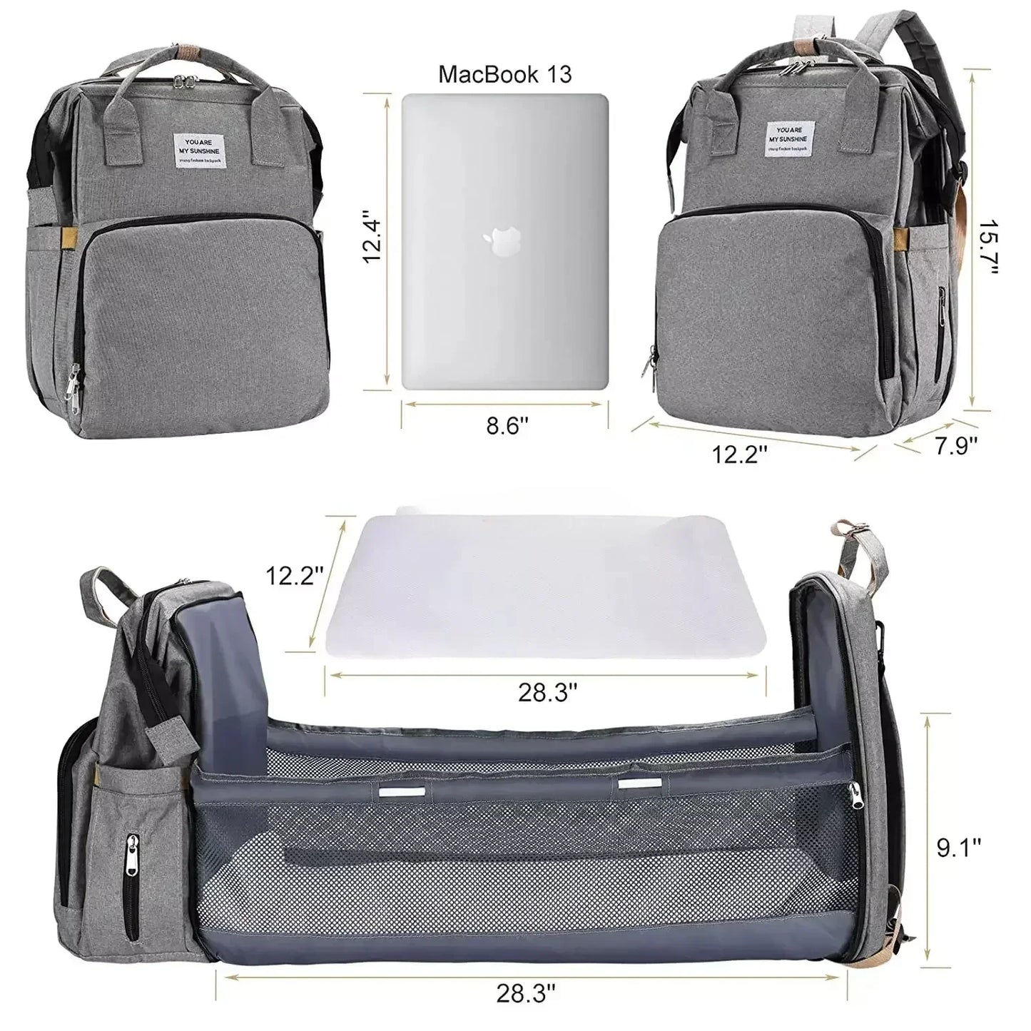 Sac à dos à langer pliable avec lit bébé intégré et poches isothermes – Grande capacité