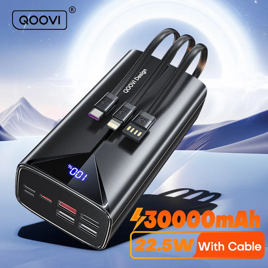 Batterie Externe QOOVI 30000mAh 22.5W – Câbles Intégrés